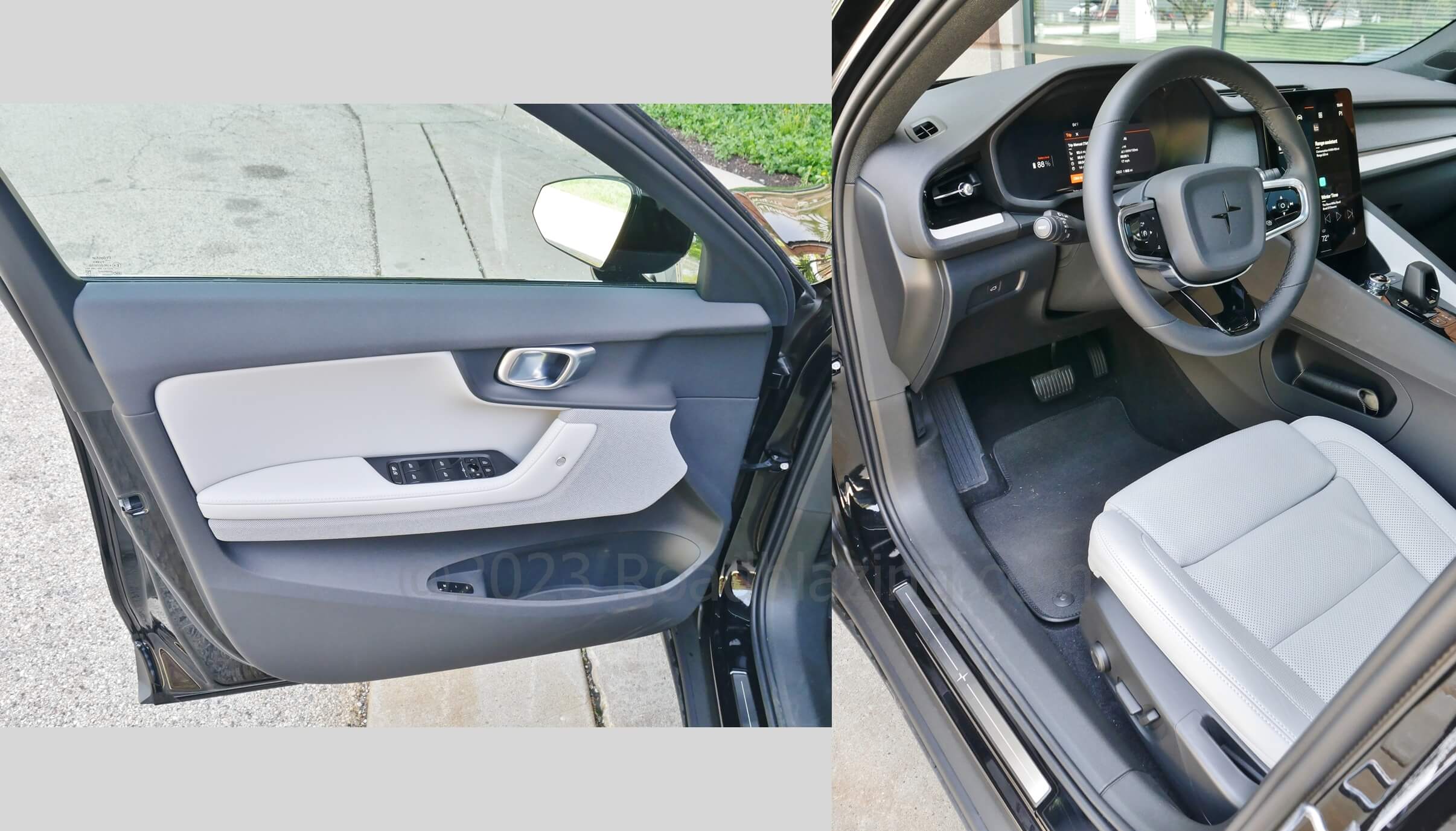 2023 Polestar 2 Dual Motor: driver entry w/ trademark aluminum snap rivets on the cloth panels