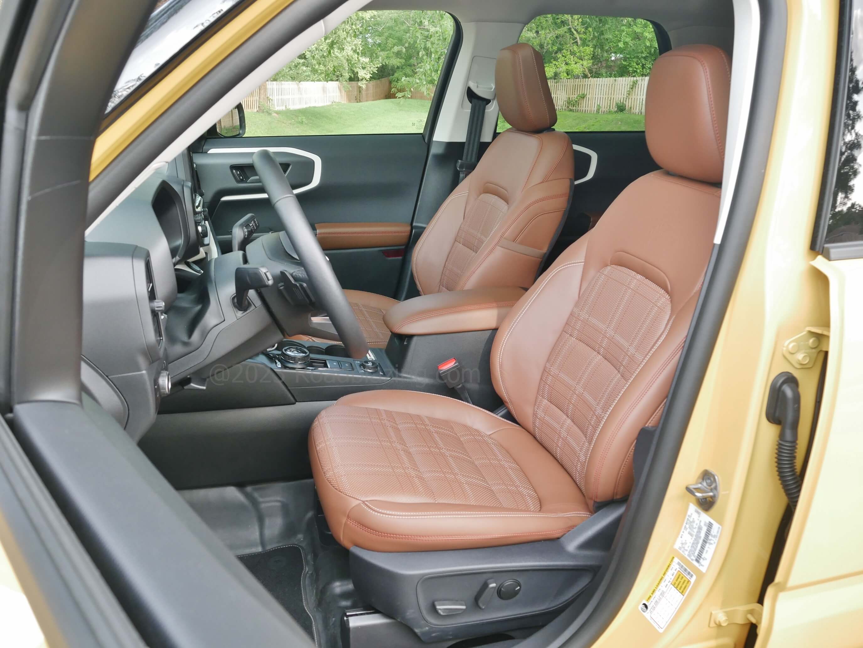 2023 Ford Bronco Sport 2.0T Heritage Limited AWD: tan leather seating w/ heritage plaid inserts.