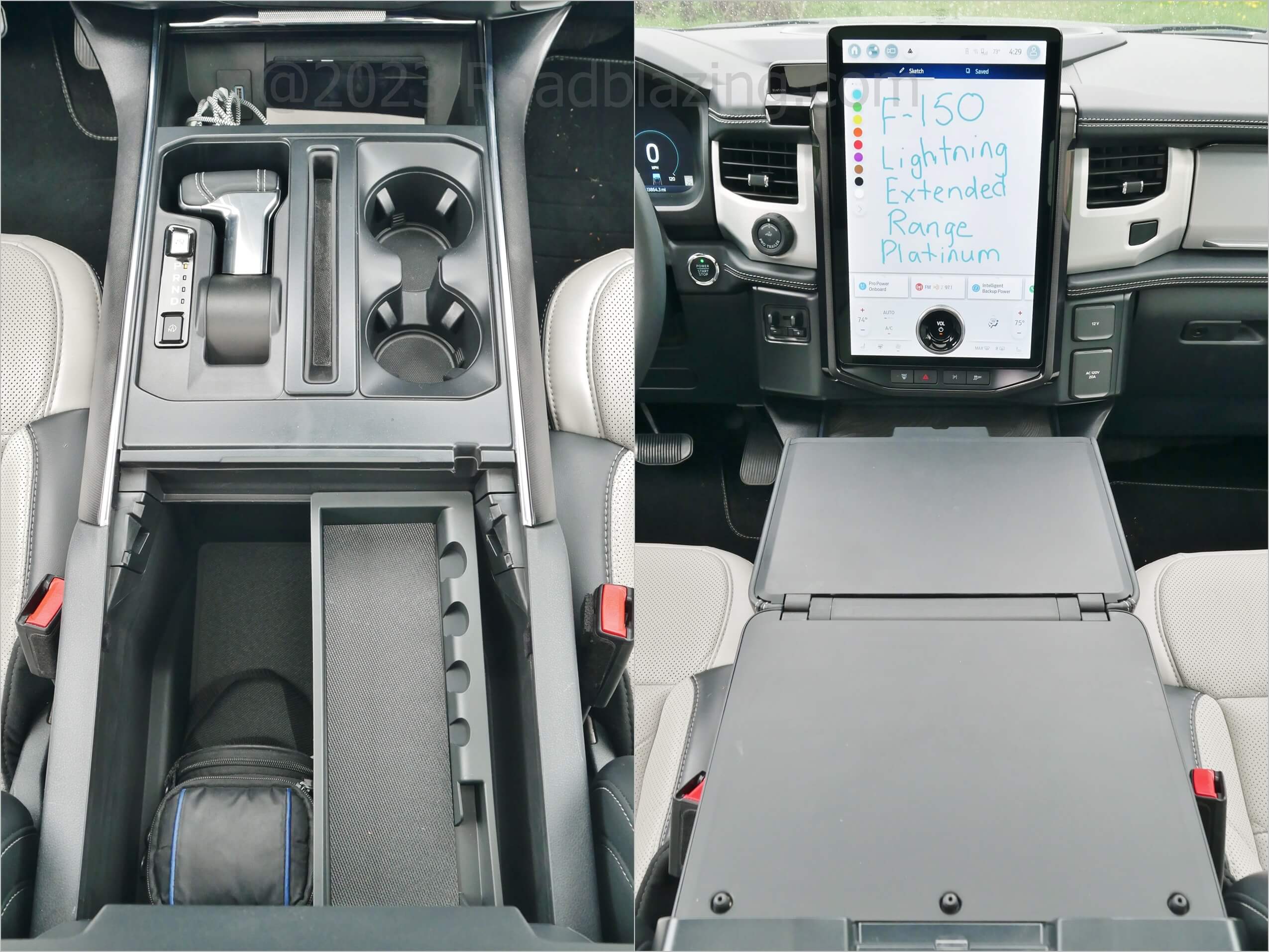 2022 Ford F-150 Lightning Platinum 4x4: power stowing T shifter allows for fold out Work Surface.