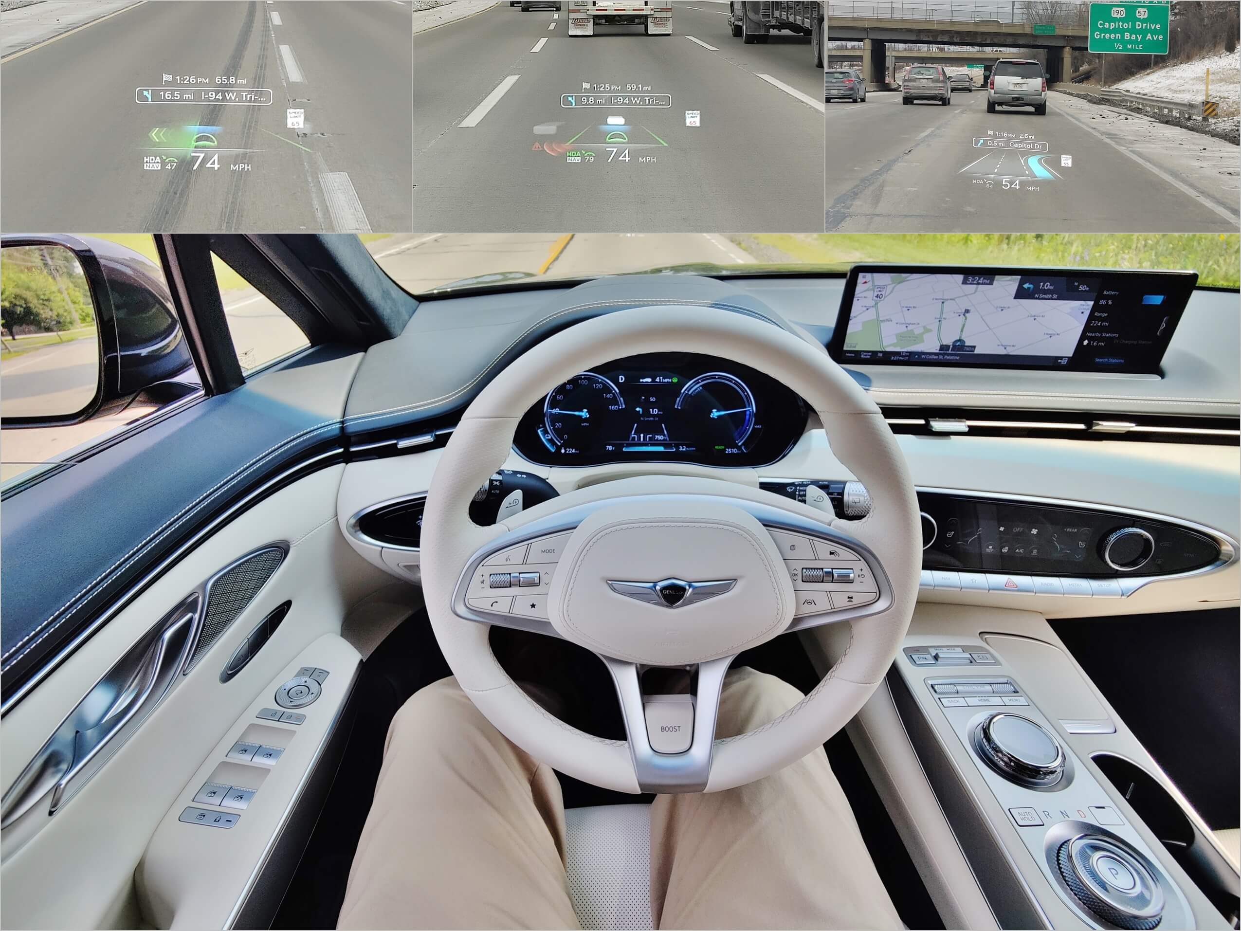 2023 Genesis Electrified GV70 AWD Prestige: HUD displays active lane change, lane obstacles, nav. and entertainment