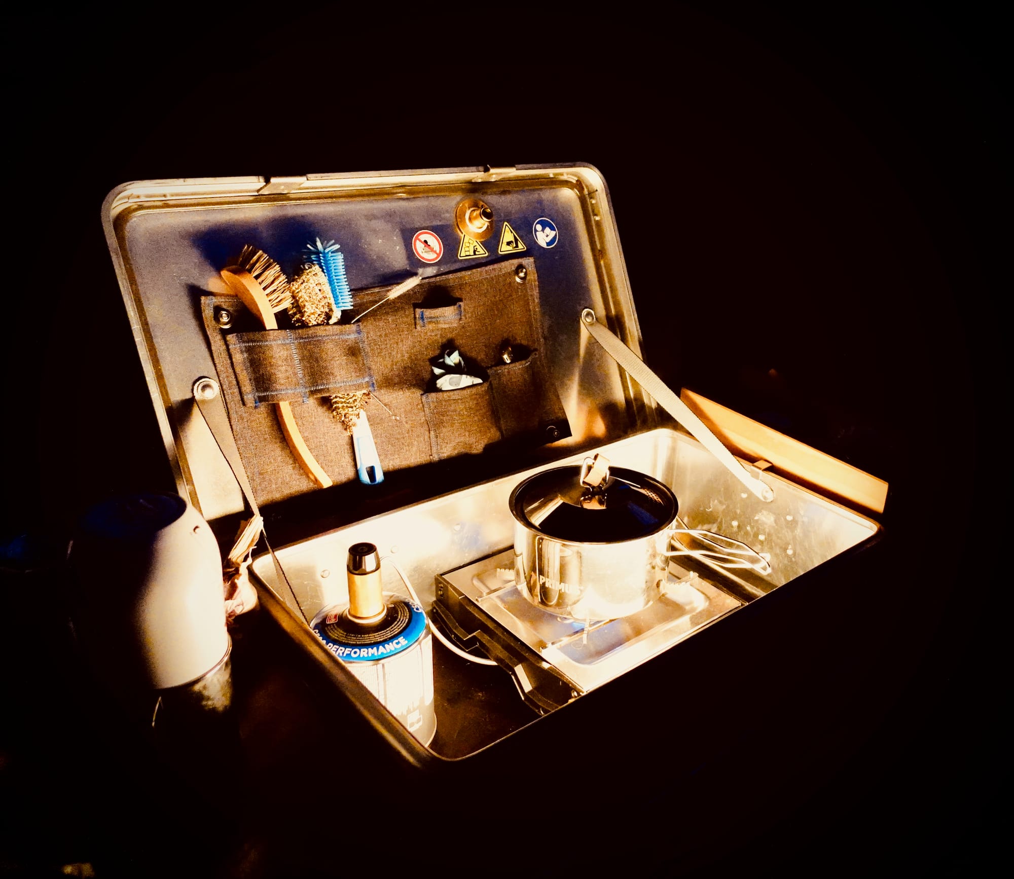 An outdoor kitchen at night