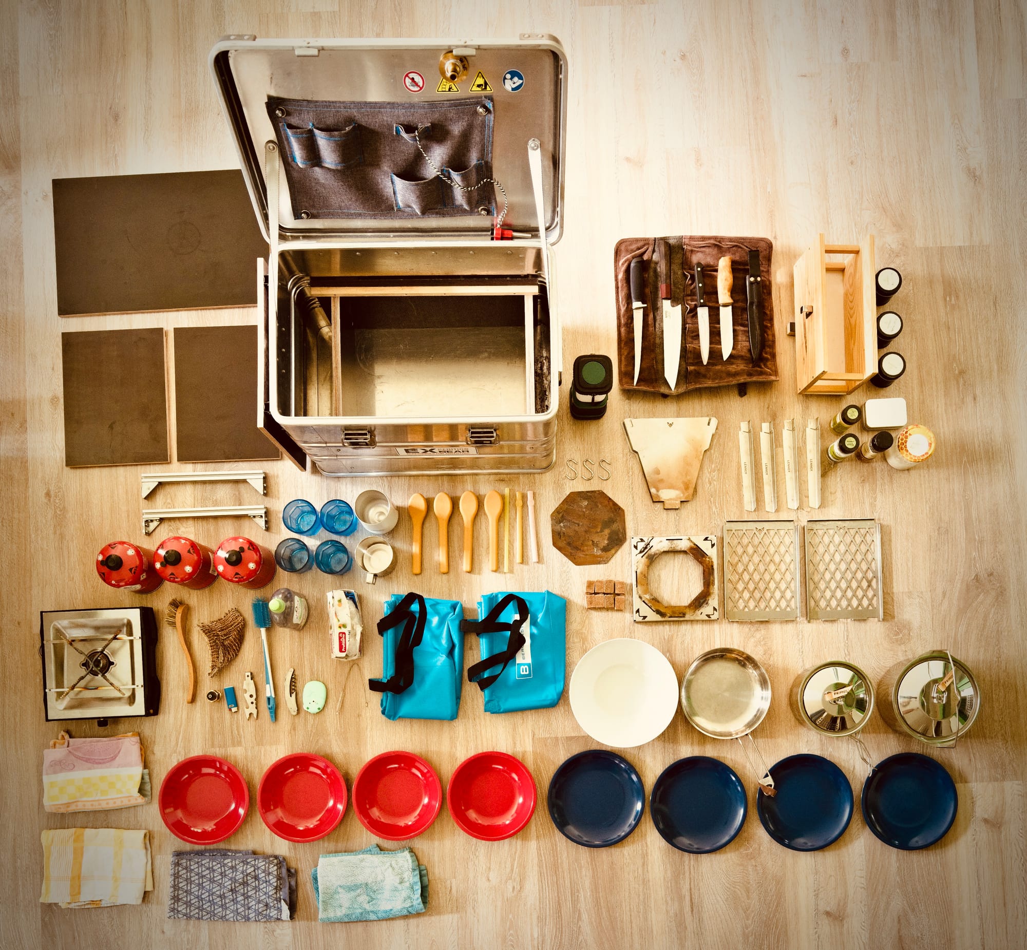 Contents of a aluminium box for camping