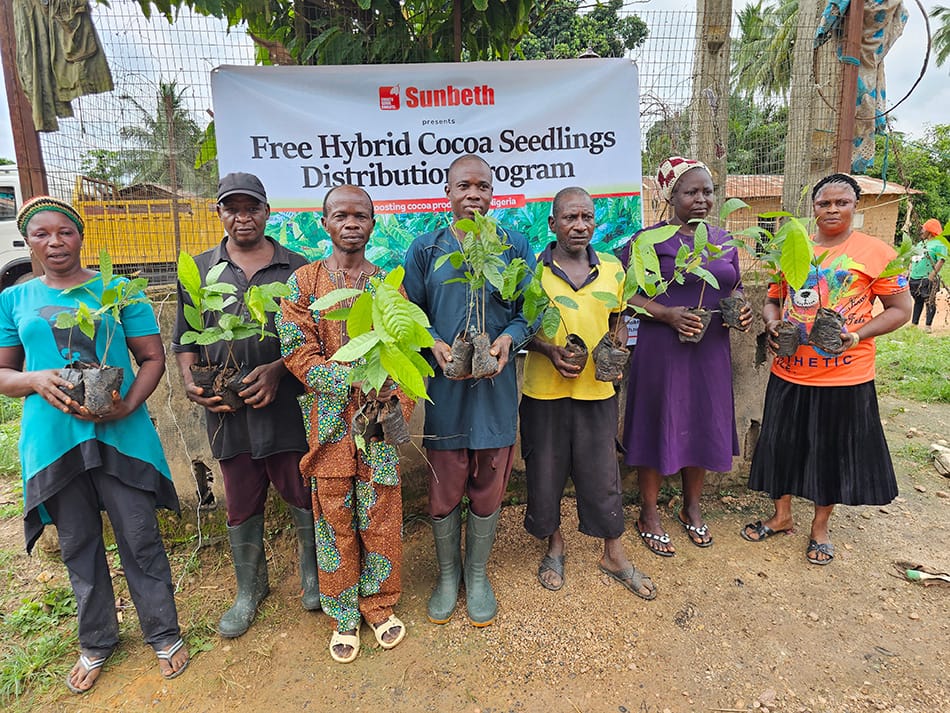 Image shows Nigerian cocoa farmers with hybrid seelings to plant on their farms