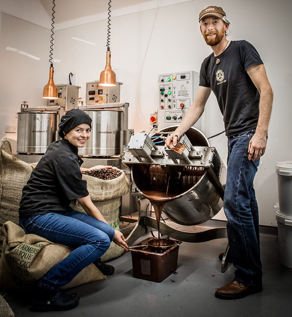 Image shows Alastair and Friederike from Chocolate Tree crafting their fine chocolate.