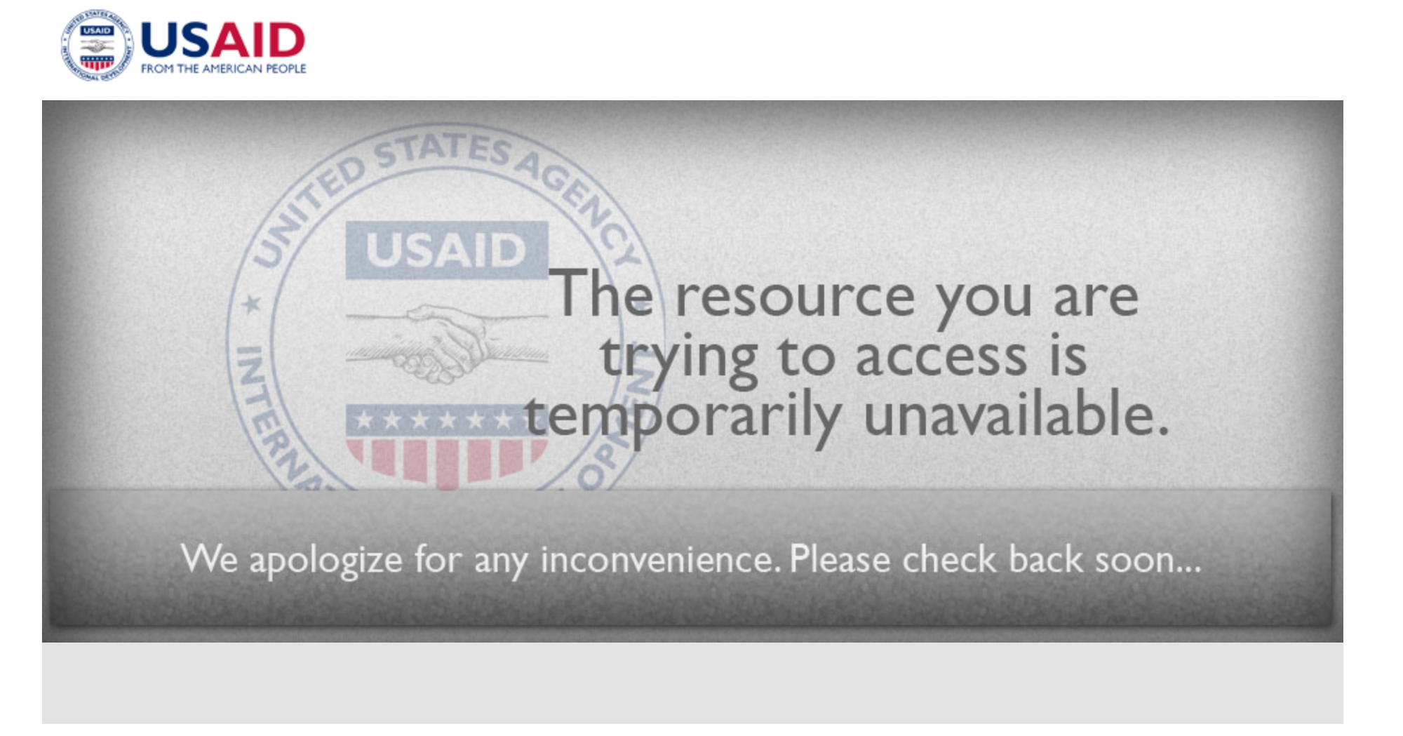 Image shows a message on USAID website saying resource is temporarily unavailable