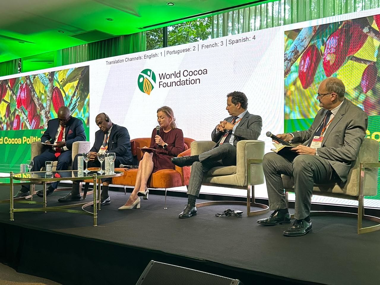 Image shows panellists discussing cocoa politics during a 'fireside chat' at the WCF Partnership Meeting.