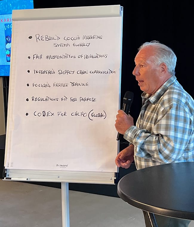 Images shows cocoa advisor Marc Donaldson presenting findings from the sustainabitly session at the Scoggifestival.