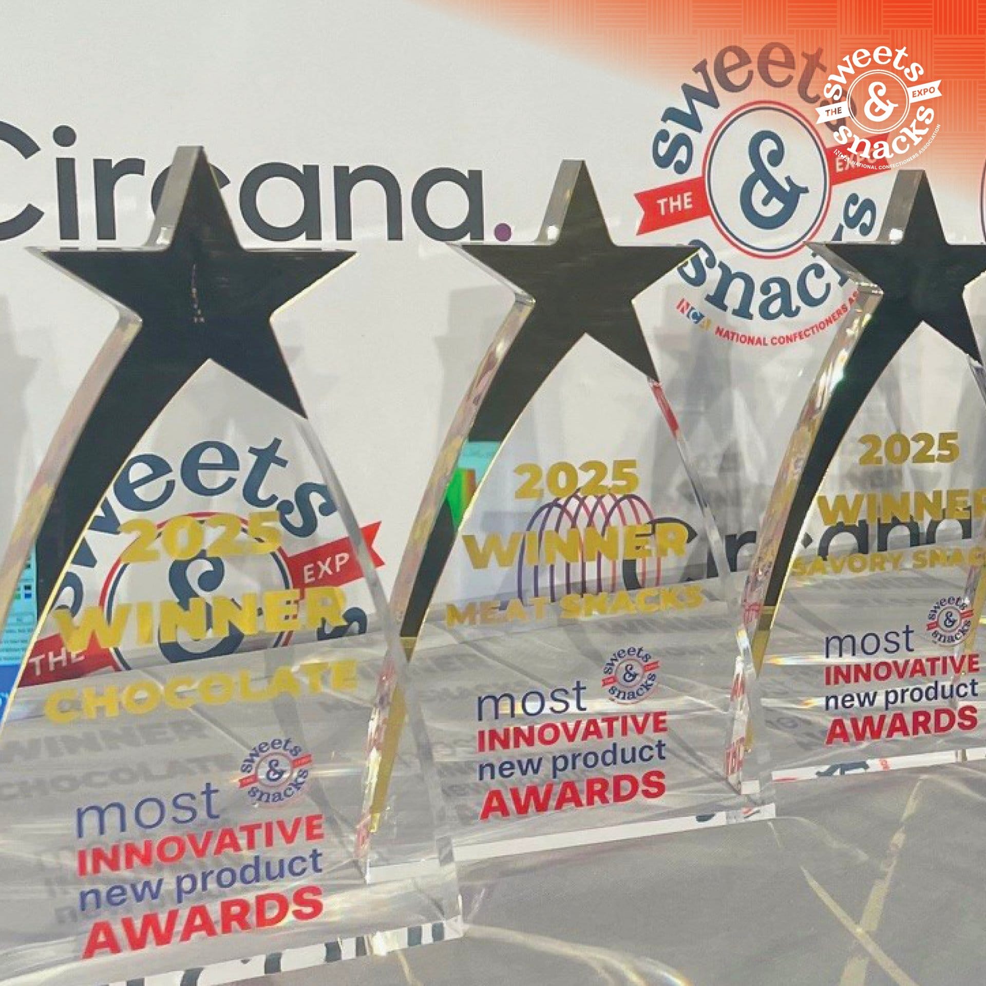 Images shows most innovative awards trophies at Sweets & Snacks Expo