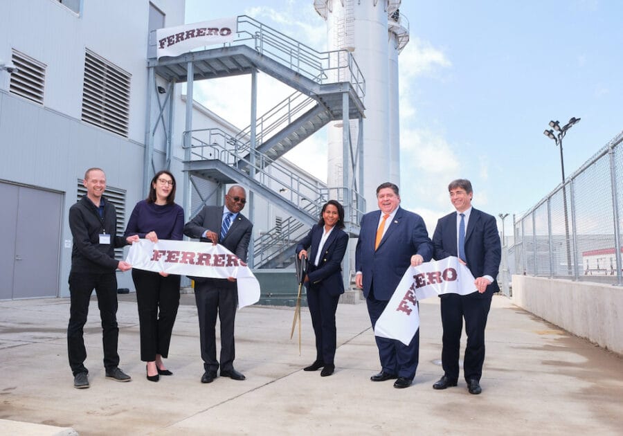 Image shows Ferrero executives Ferrero opening its first US chocolate production facility, at Bloomington, Illinois