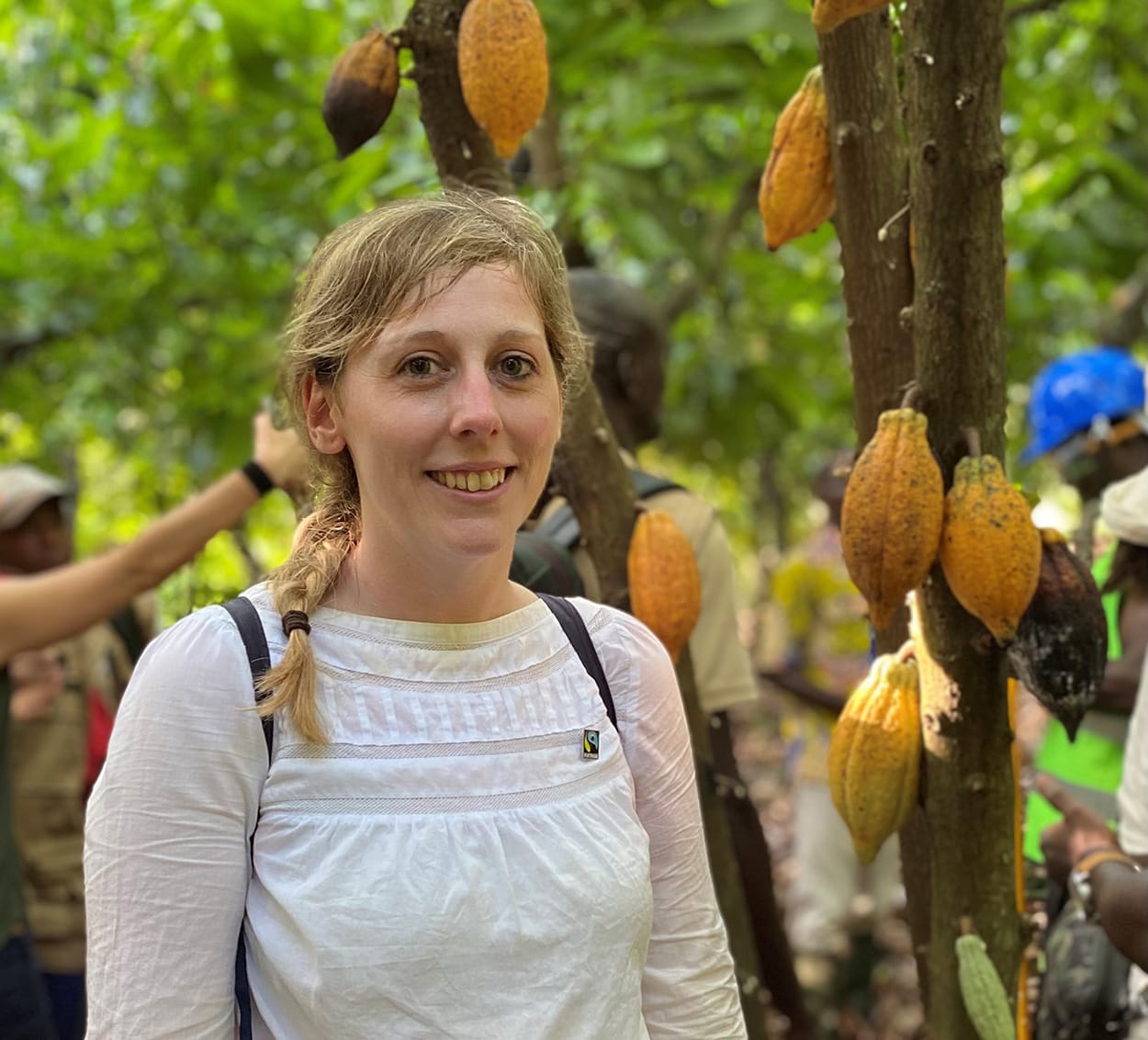 Image shows Rachel Wadham, Head of Evidence and Insights at the Fairtrade Foundation&nbsp;, visiting a cocoa farm.
