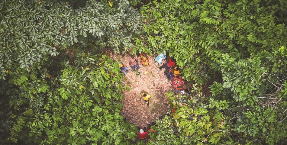 Image shows an aerial view of cocoa farmers in a forest clearing.