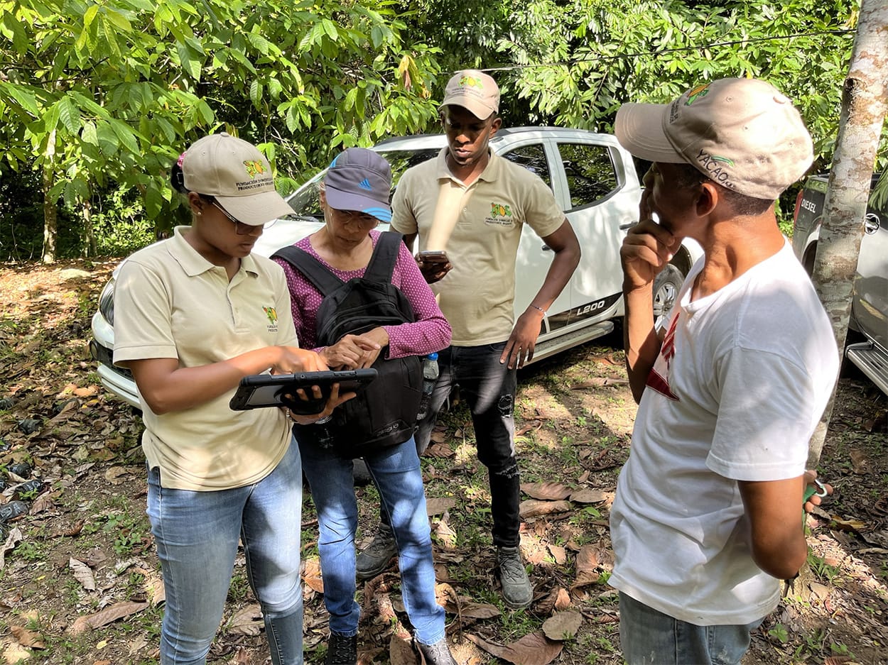 Image shows managers from the coopertaive using latest mobile technology to map organic cocoa farms. Image: Pronatec
