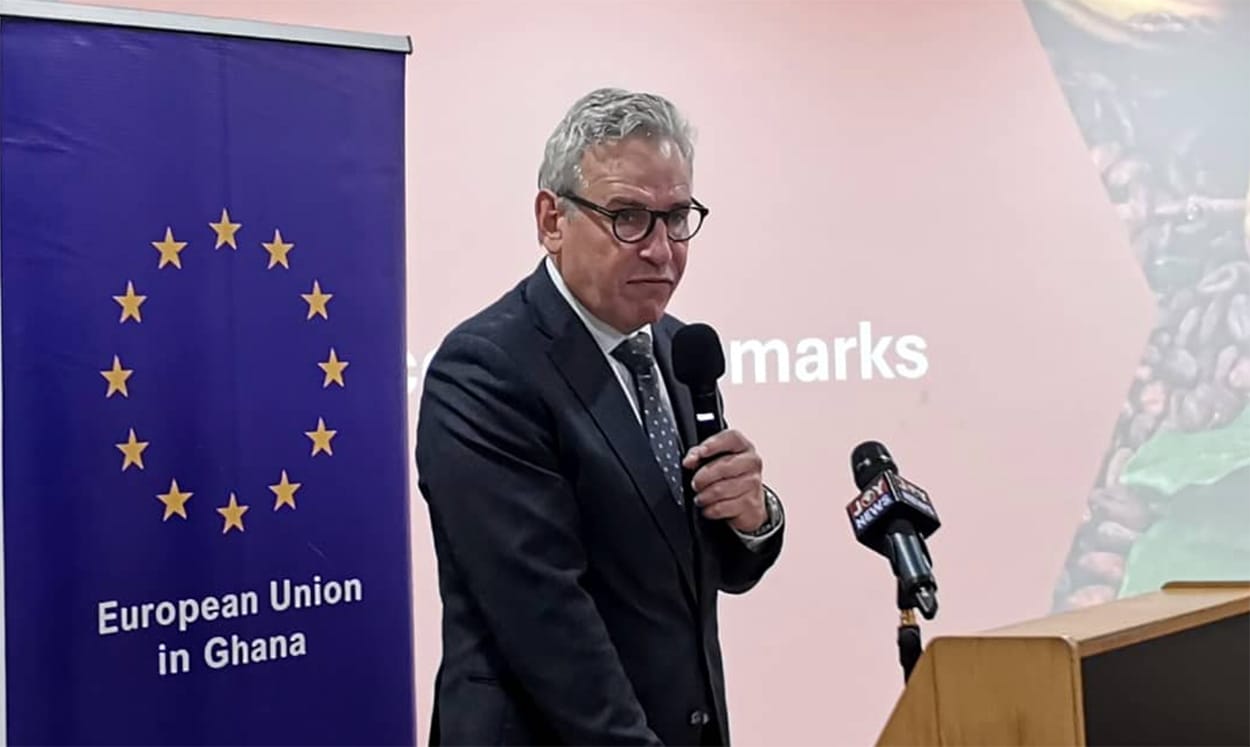 Image shows European Union Ambassador Rune Skinnebach during a presentation on the EUDR in Ghana