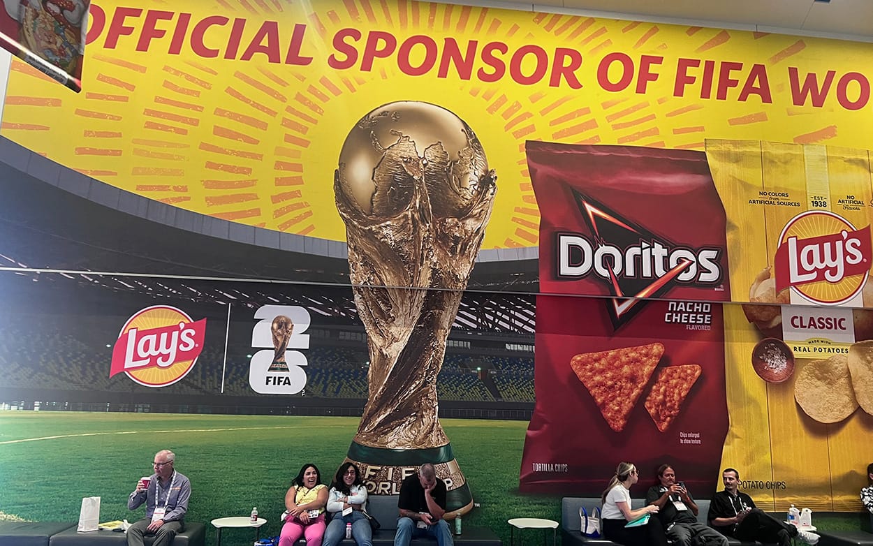Image shows The Lay's FIFA sponsorship deal was plastered in the foyer at the Sweets & Snacks Expo in Las Vegas.