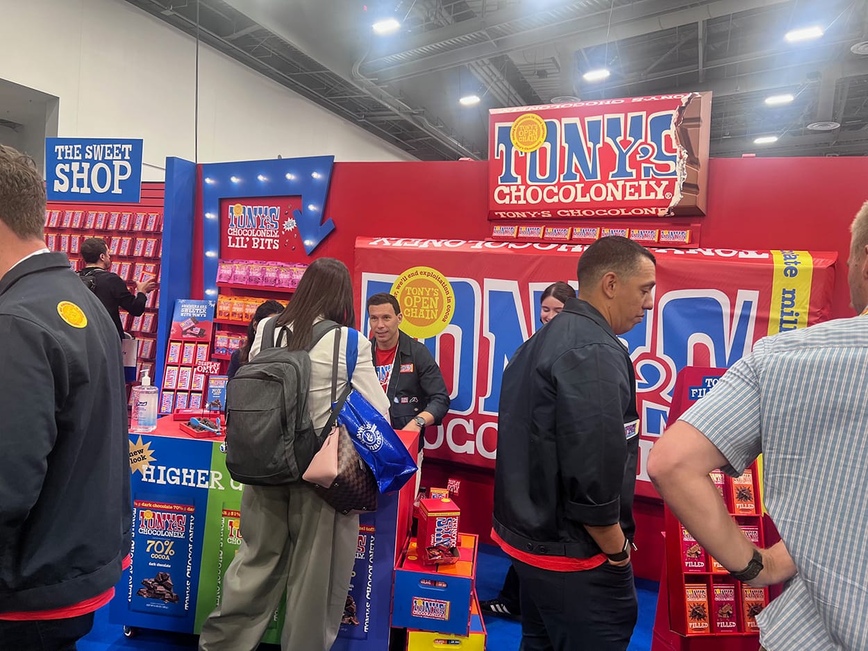 Image shows the  Tony's Chocolonely booth at this year's Sweets & Snacks Expo. 