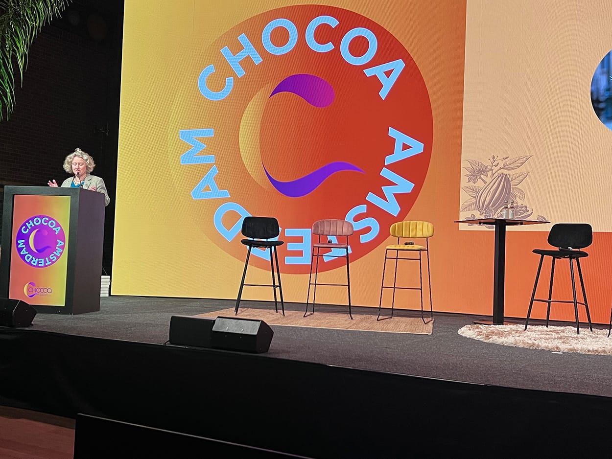 Images shows Judith Sargentini of DISCO rspeaking at Chocoa 2026 