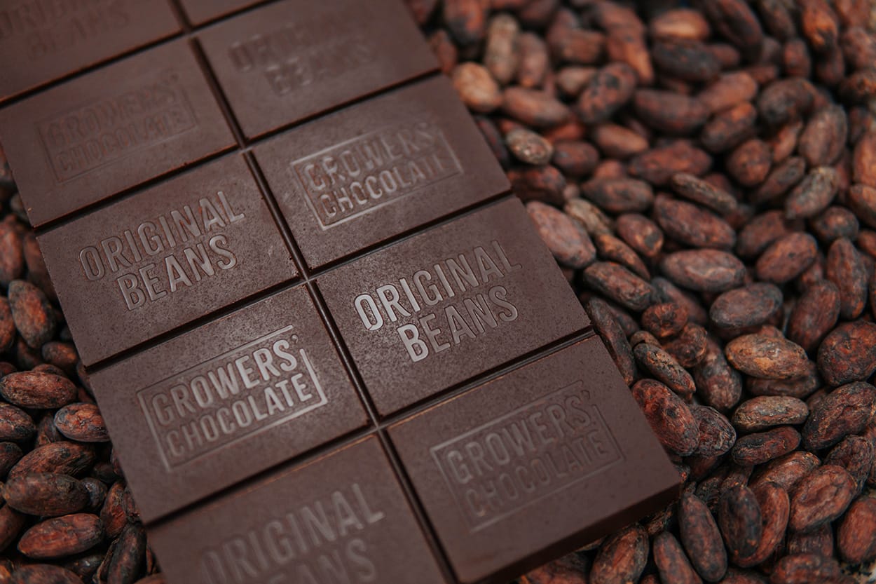 Image shows an Original Beans 'Growers' Chocolate Bar.