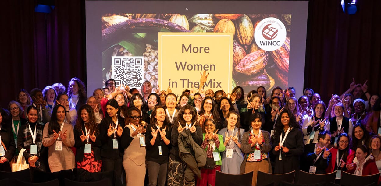 Image shows a group shot of The relaunch of WINCC (Women in Cocoa and Chocolate Network) at Chocoa 2026.