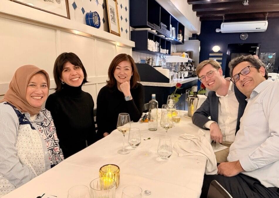 Image shows Shirley Choo (pictured centre) at dinner with panellists for  'EU Crash Test' ahead of this year's conference.