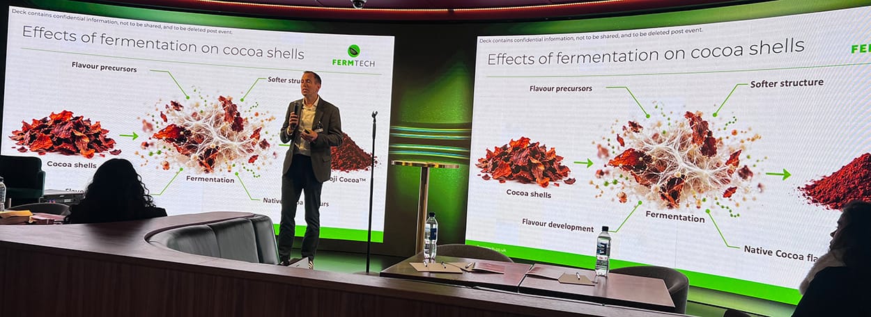 Image shows Fermtech Chief Executive Andy Clayton delivering Koji Cocoa ingredient to the LCF