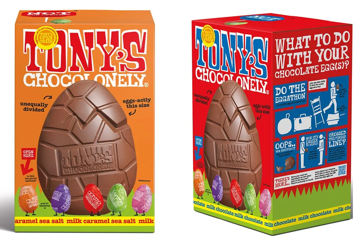 Image shows two Tony's Chocolonely Easter eggs.