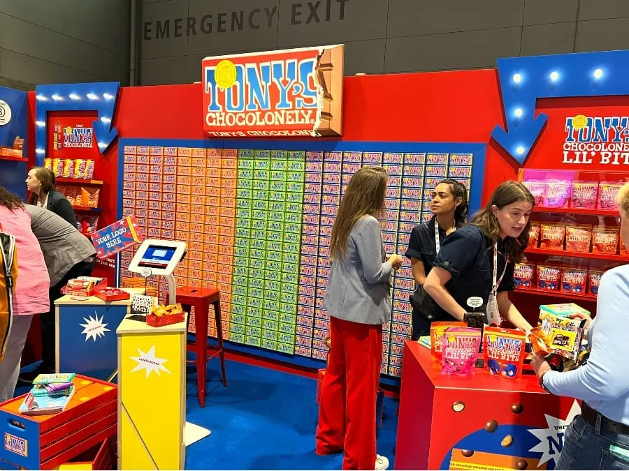 Image shows Tony's Chocolonely booth at the Sweets & Snacks Expo.