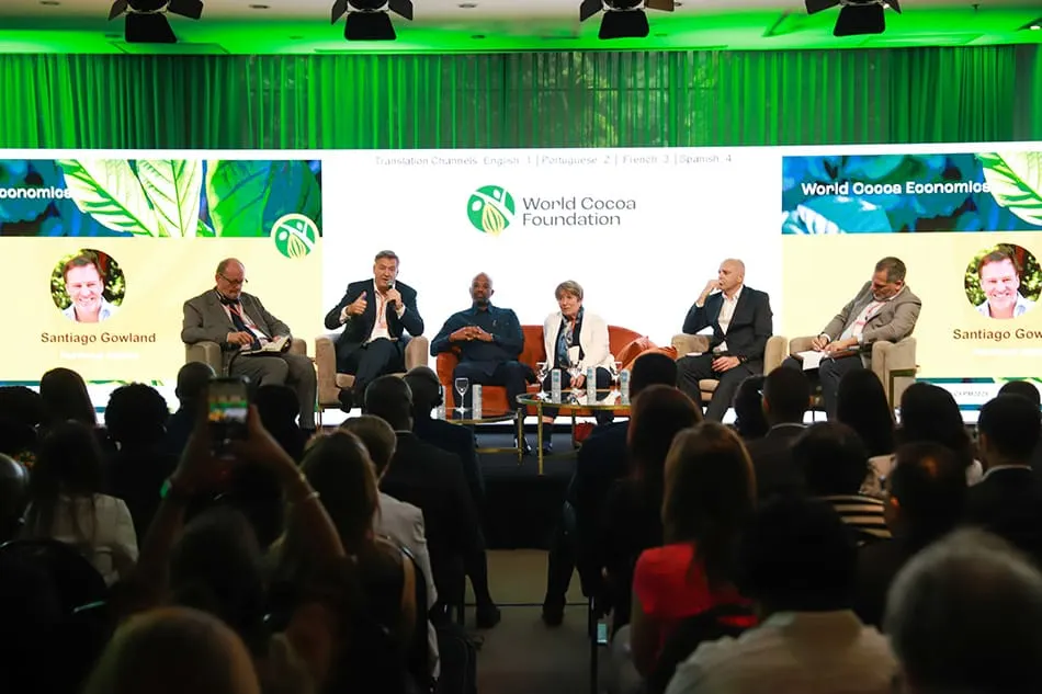 Image shows a panel discussing world cocoa economics at the WCF Partnership Meeting 