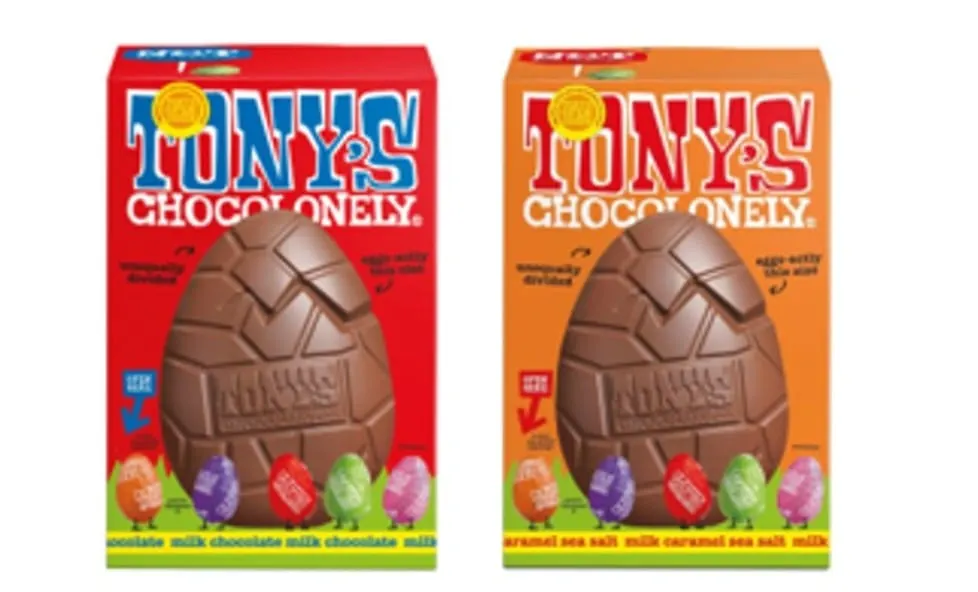 Image shows  The two Tony's Chocolonely Easter Eggs with contamination issues. I