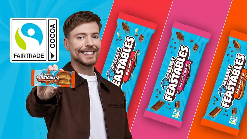 Image shows Mr Beast showing his Feastables chocolate with Fairtrade certification