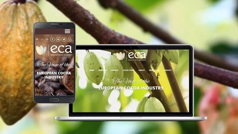 Image shows digital screens showing ECA logo against a background of cocoa trees.