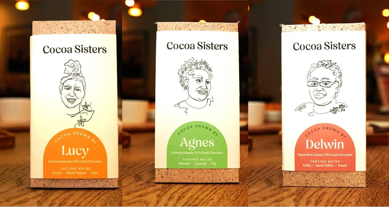 Image shows three 'cocoa sisters' chocolate brands from the Solomom Islands