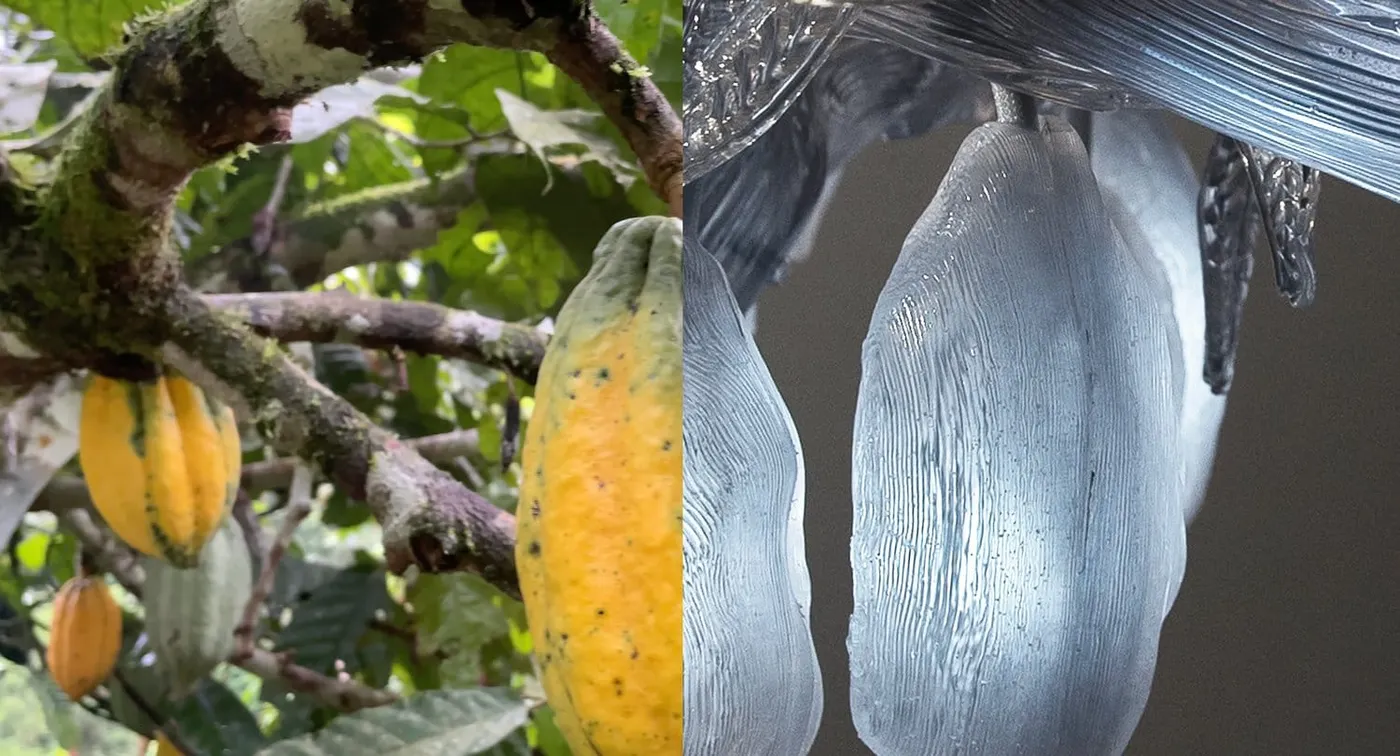 Image shows a spilt of a real tree and it's digital twin.