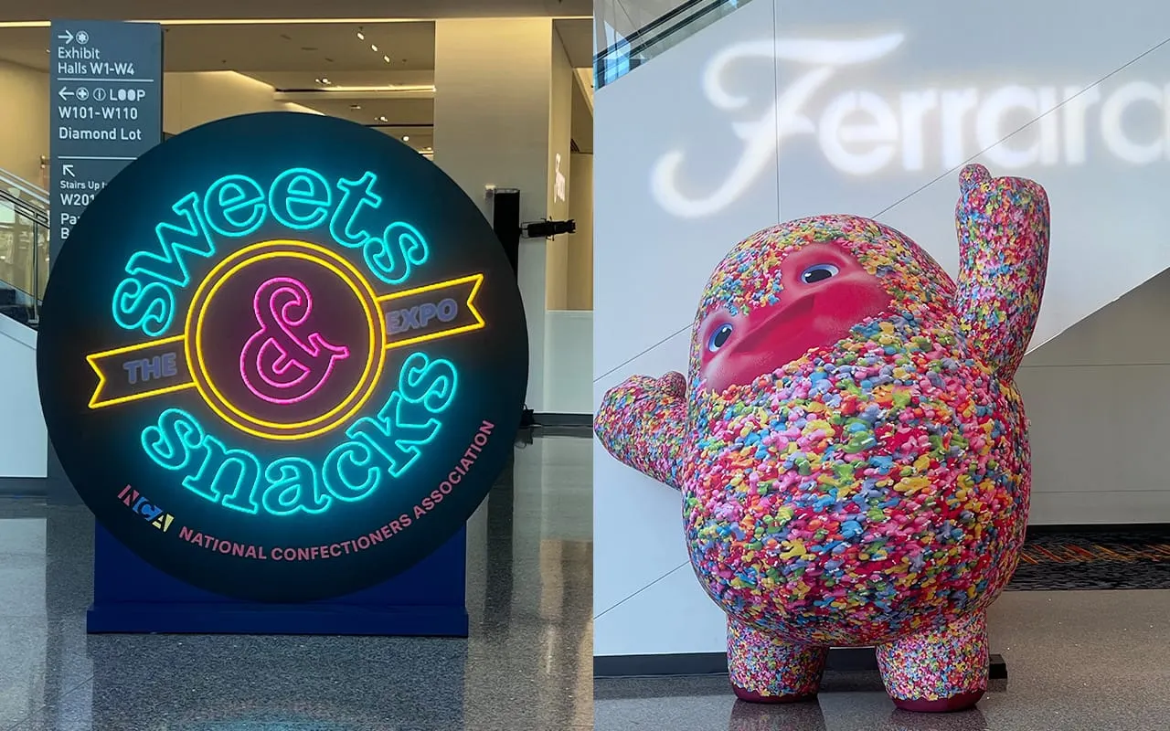 Image is a montage of the sweets and snacks sign and the Ferrara Nerds character in the enntrance to the Sweet & Snacks Expo.