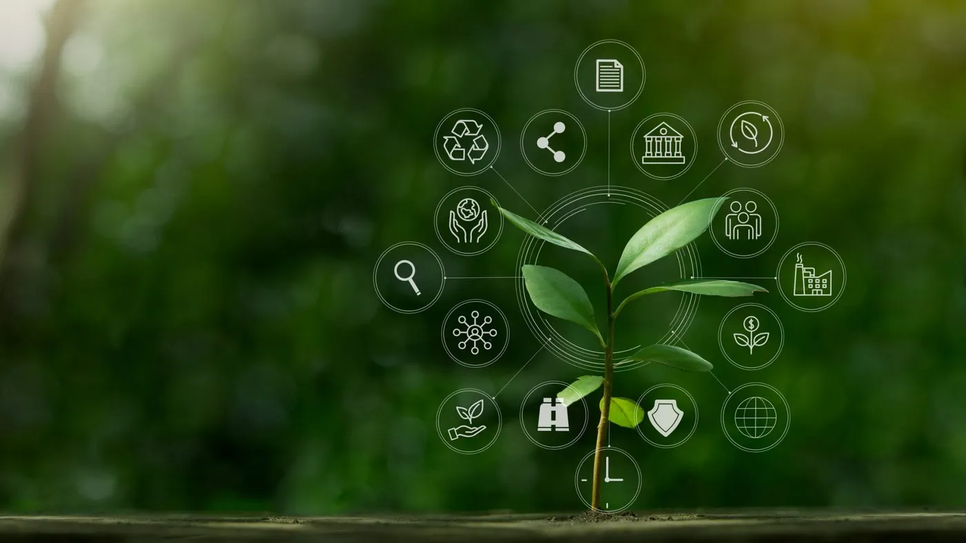 Image shows a mock up of AI apps and nature.
