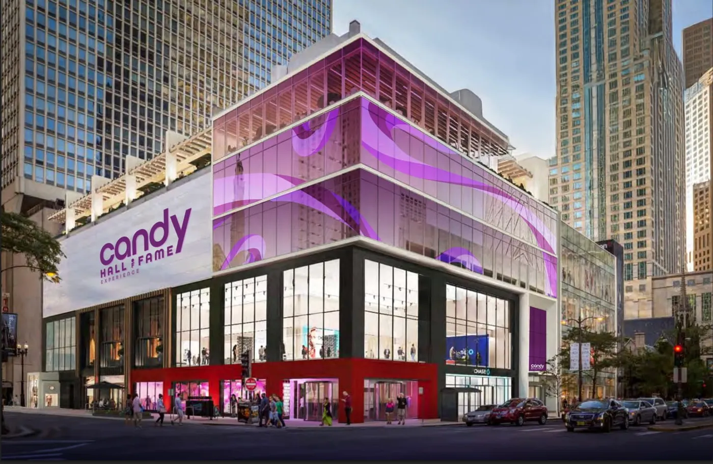 Image shows a rendering of the Candy Hall of Fame Experience, scheduled to open in 2027 in Chicago .