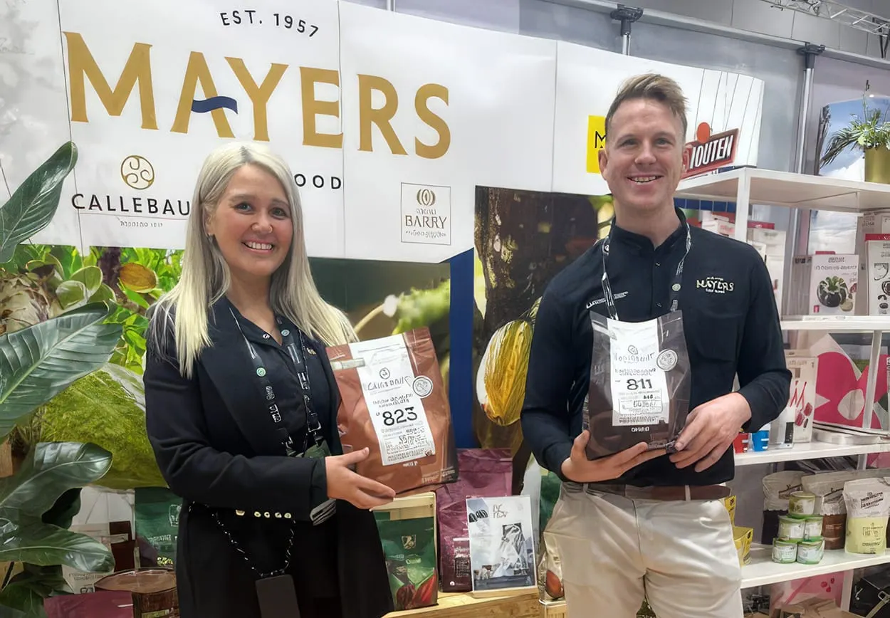 Image shows a Mayers booth proudly displaying Callebaut products.