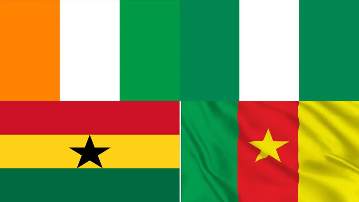 Image shows the four flags of Ghana, Nigeria, Cameroon, Cote d'Ivoire