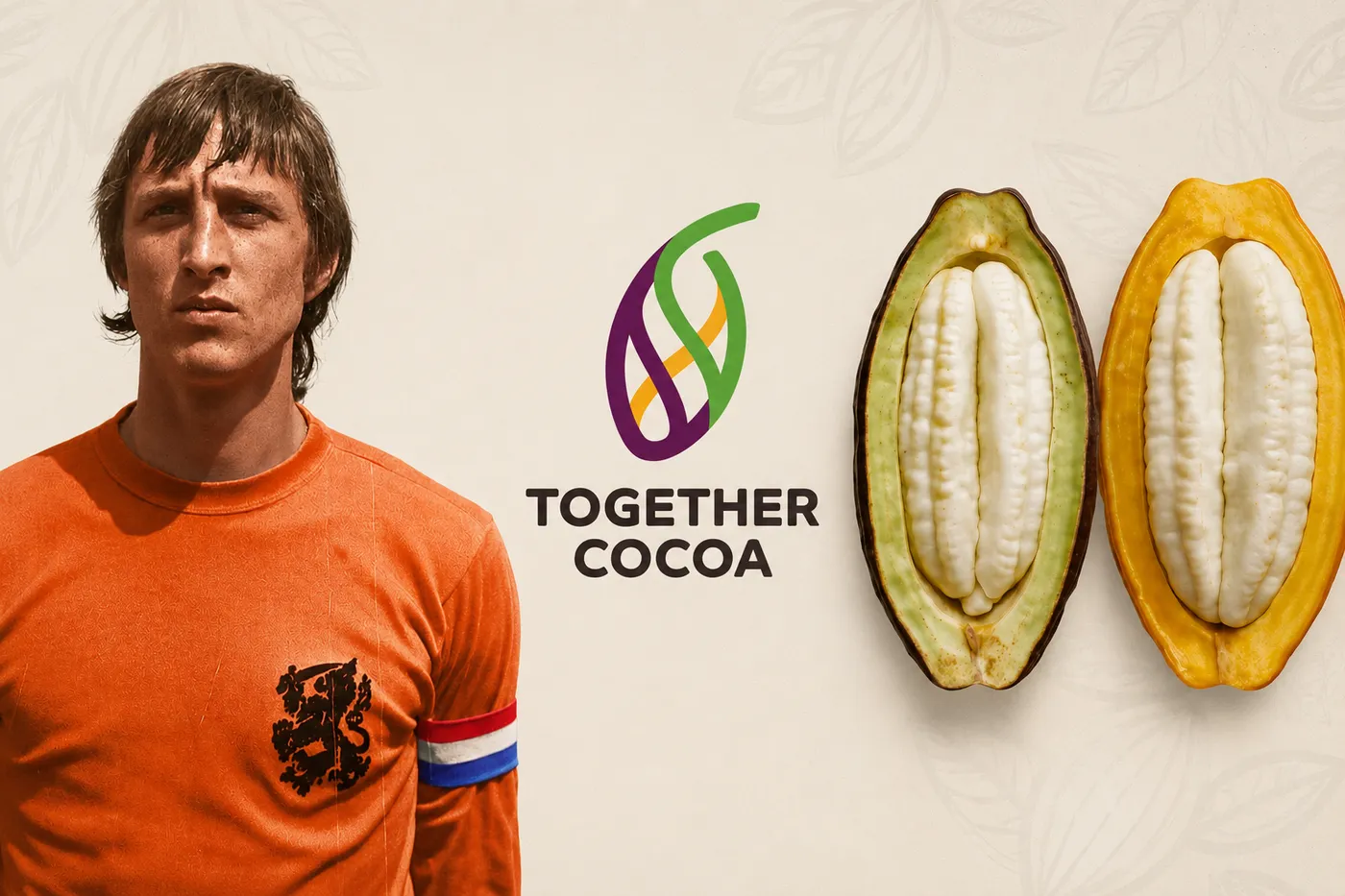 Image shows a mock up of Dutch footballer Johan Cruyff on a Together Cocoa backdrop