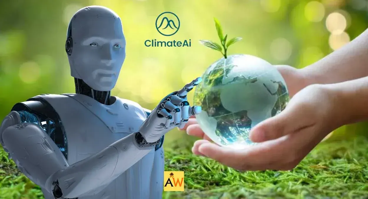 Image shows a promo for Climateai with a robot touching the planet.