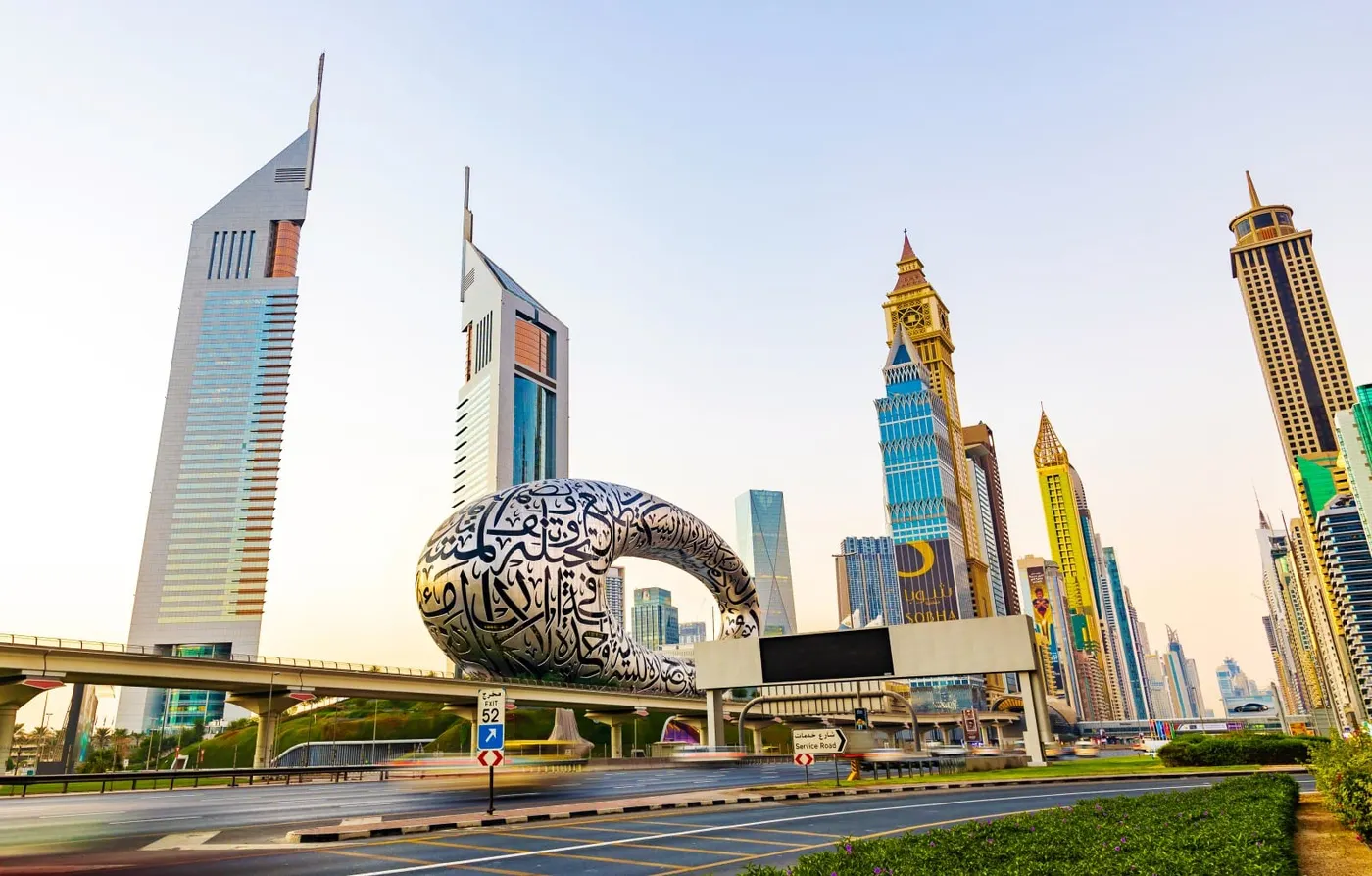 Image shows exterior shot of Dubai World Trade Centre.