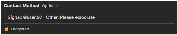 Screenshot of the optional contact method box with example input showing the word 'Signal' and a Signal user name.
