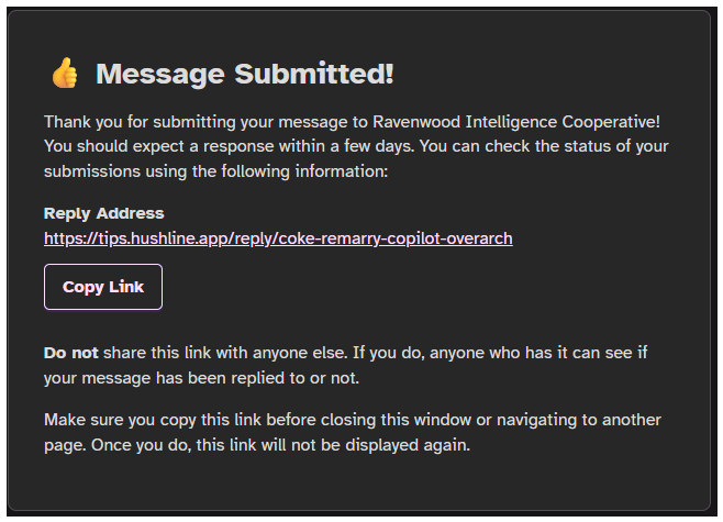 Screenshot of a Message Submitted notification with a Reply Address link and Copy Link button.