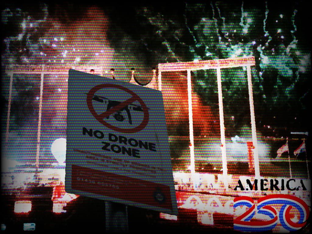 Composite image of fireworks at Kauffman Stadium in Kansas City, Missouri, with an America 250 logo and No Drone Zone sign overlaid.