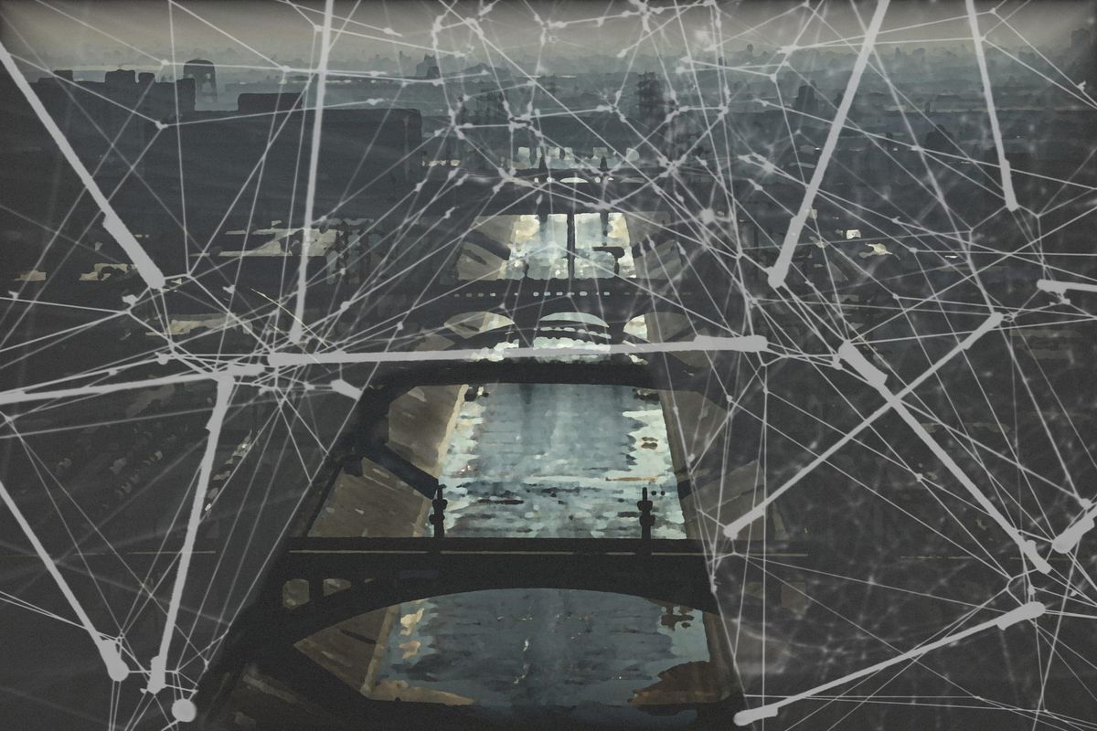 An artistic rendering off the Los Angeles River and Arts District draped in a complex net with a section pulled back offering a clear view.
