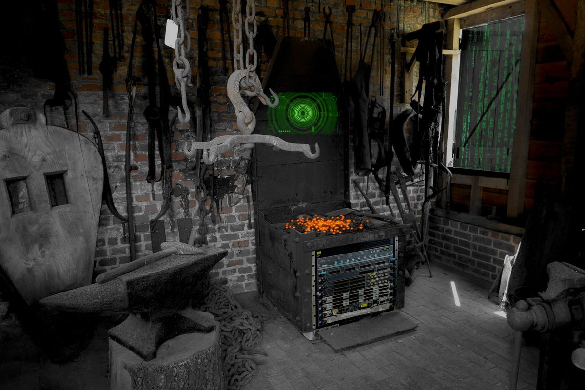 A dark smithy with a networking rack powering a data hearth in a blended physical/digital environment.