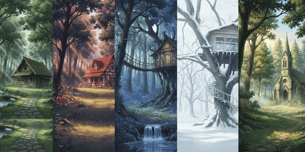 【無料配布】森の小屋の背景イラスト/縦長— copainter ユーザーは商用可・無償で利用可