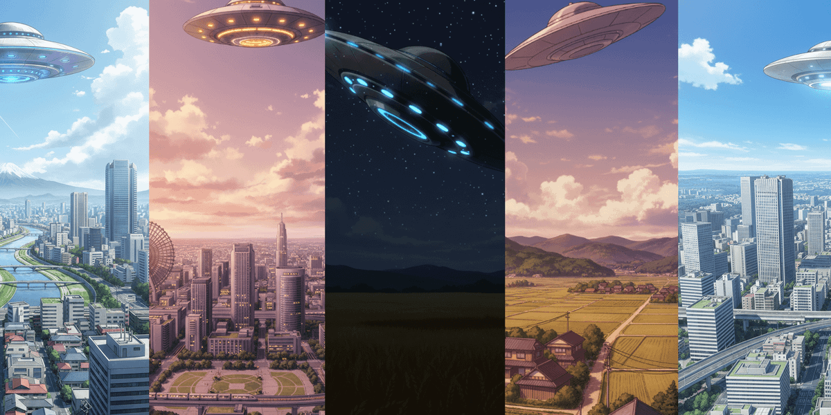 【無料配布】空に浮かぶUFOの背景イラスト/縦長— copainter ユーザーは商用可・無償で利用可