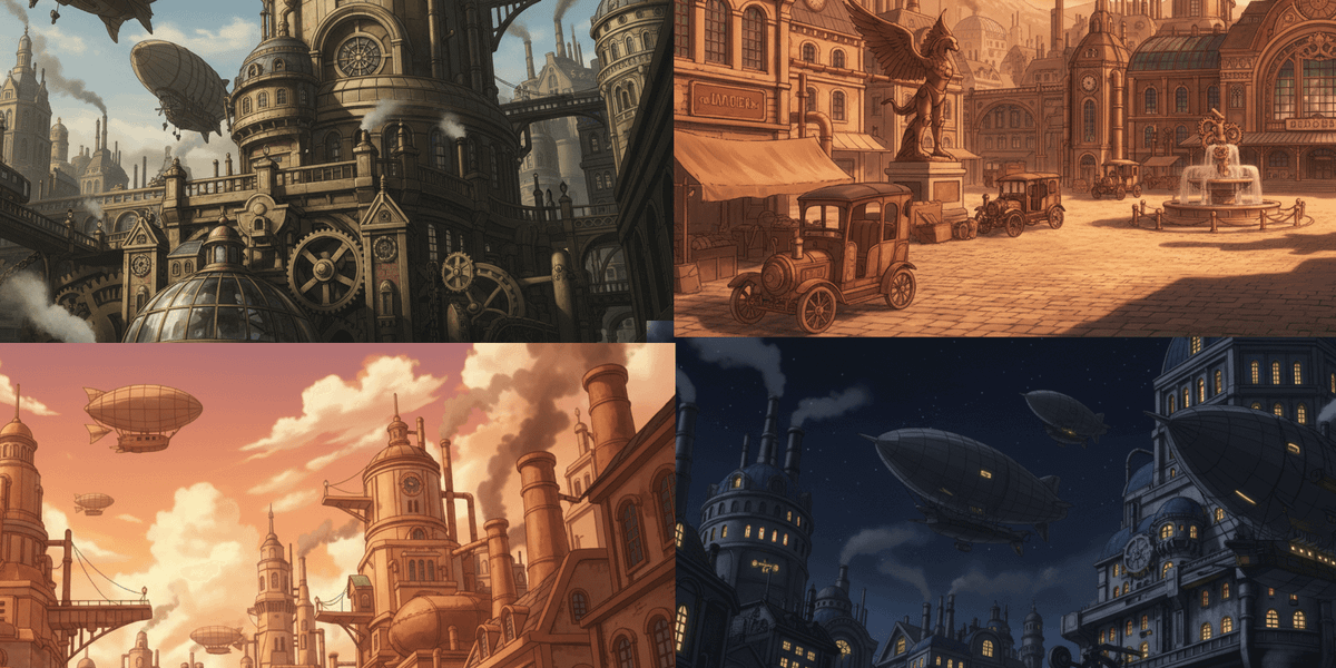 【無料配布】スチームパンクな街並みの背景イラスト/横長— copainter ユーザーは商用可・無償で利用可