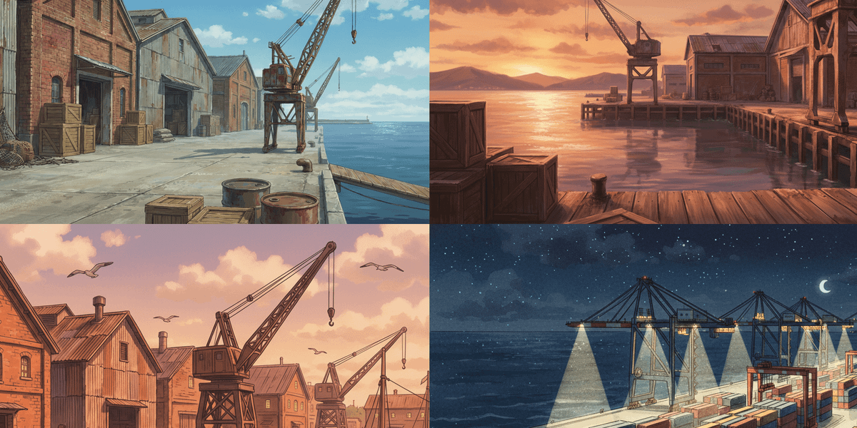 【無料配布】港の倉庫・コンテナの背景イラスト/横長— copainter ユーザーは商用可・無償で利用可