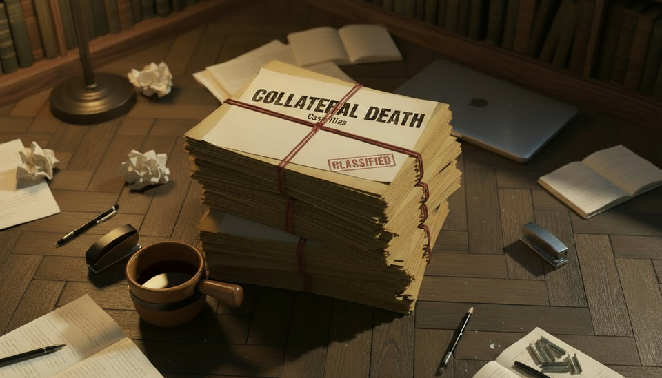 Stack of Collateral Death case files labeled classified on a desk with coffee and notes. Council records from the British noir mystery investigated by corgi detective Percival Hoover.